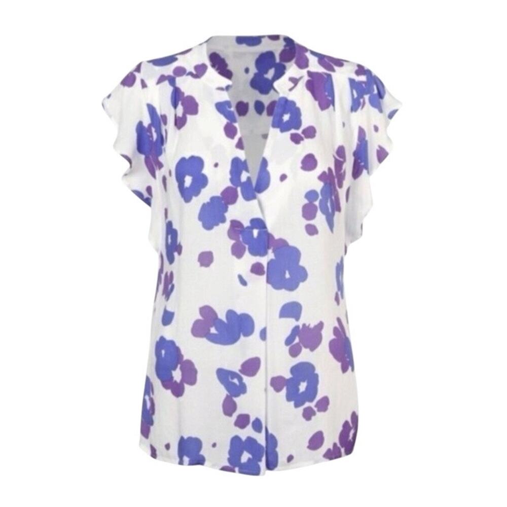 CAbi #5896 Ruffle Sleeve Floral Print Violet Top White Purple Blue Size XS